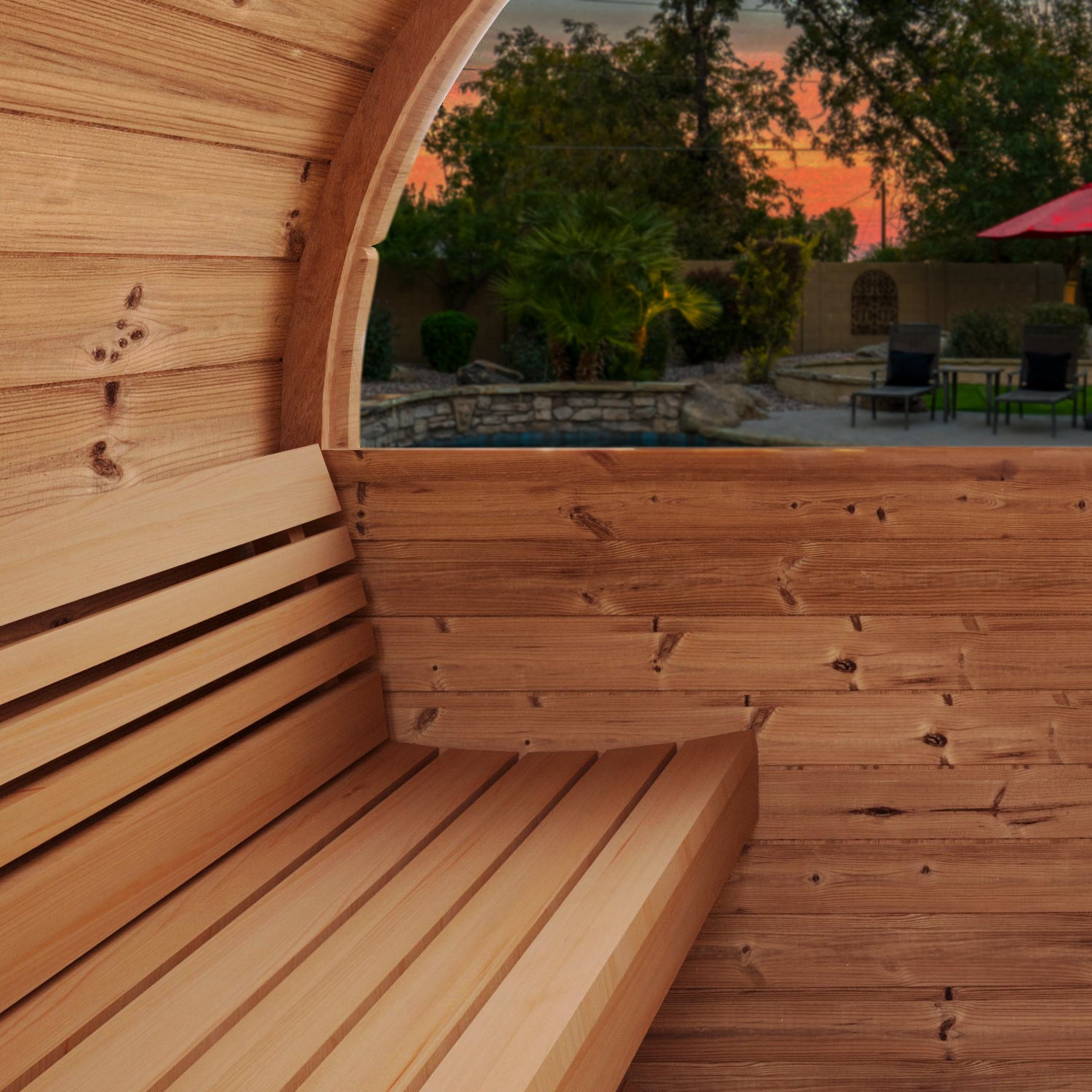 SaunaLife Model E7W Outdoor Barrel Sauna with Panoramic Window